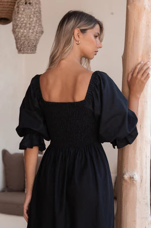 Almeria Smocked Midi Linen Dress | Black (Last one remaining)