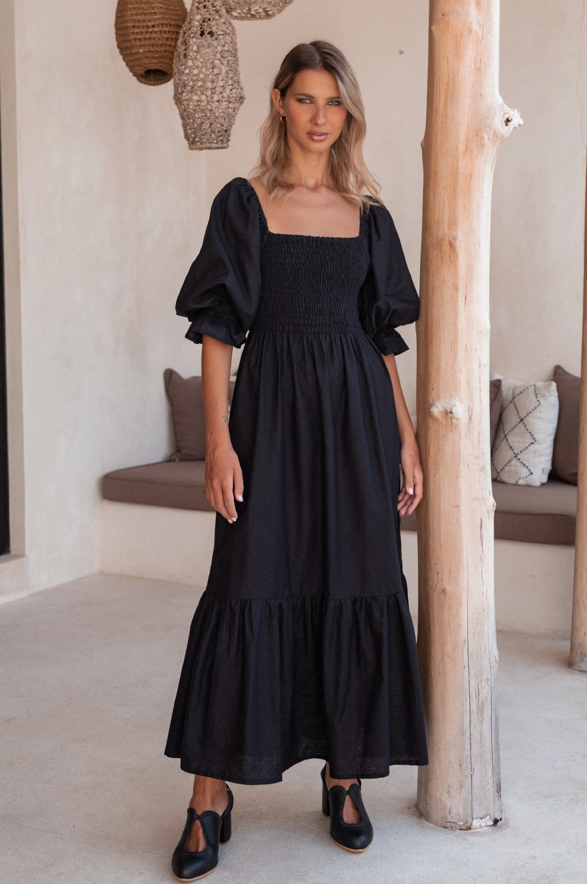 Almeria Smocked Midi Linen Dress | Black (Last one remaining)