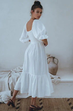 Almeria Smocked Midi Linen Dress | White (Last two remaining)